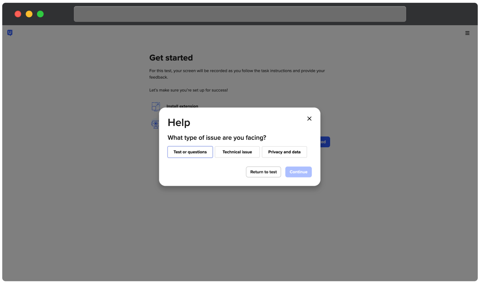 The issue type selection screen in the UserTesting Help flow.
