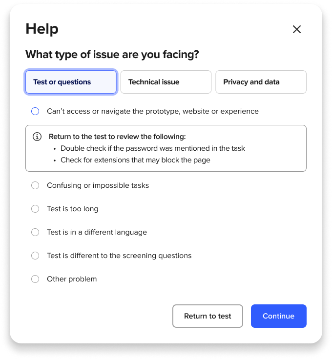 Help suggestions shown after selecting an issue type.