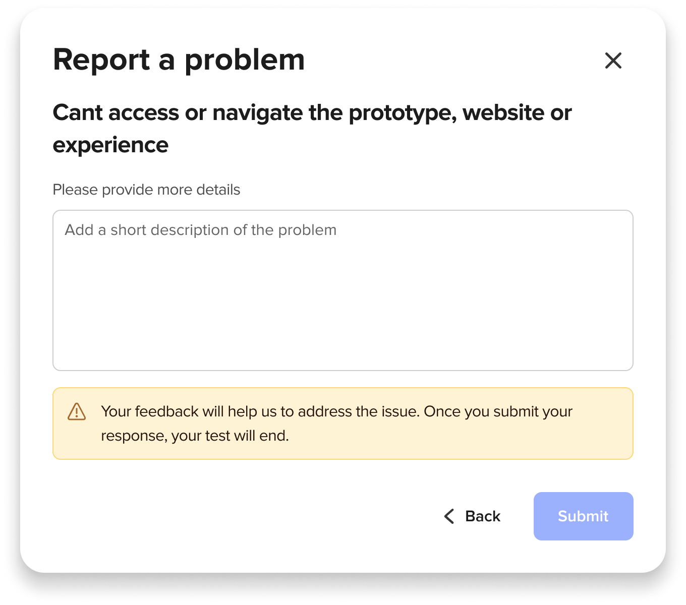The problem description text box in the UserTesting Help flow.